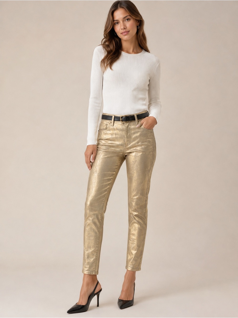 NWT Lauren Ralph Lauren Gold Metallic Mid Rise Skinny Ankle Jeans 6/28 stretch